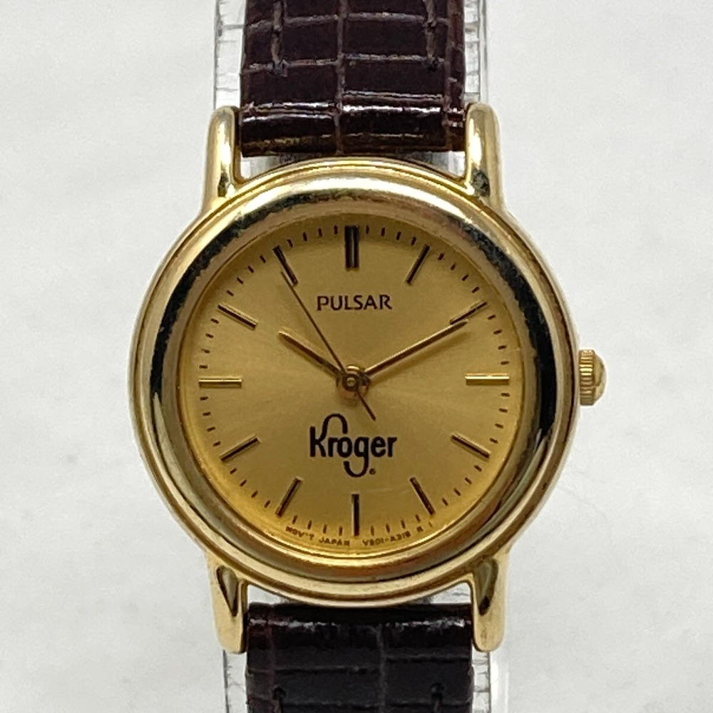 Pulsar Watch Women 24mm Gold Tone Kroger V501-X025 Brown Band New Battery 7.75"